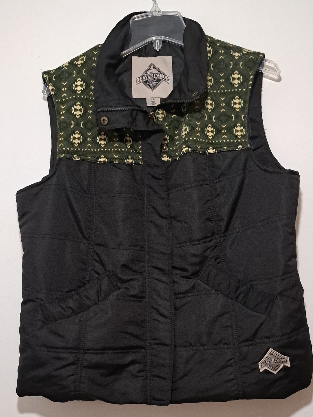 Beaver Canoe Black Quilted Vest with Olive Patterned Yoke